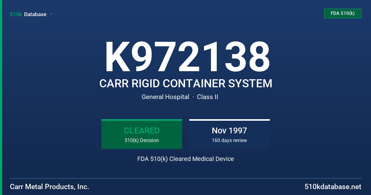 K972138 CARR RIGID CONTAINER SYSTEM FDA 510(k) Cleared Medical Device