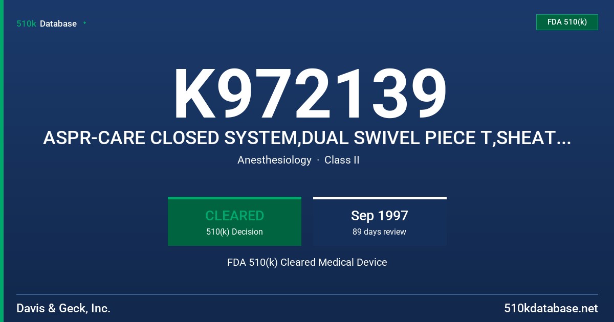 K972139 ASPR-CARE CLOSED SYSTEM,DUAL SWIVEL PIECE T,SHEATHED SUCTION CATHETER,BRONCHOSOPE ADAPTER,IN-LINE SPECIMEN TRAP FDA 510(k) Cleared Medical Device