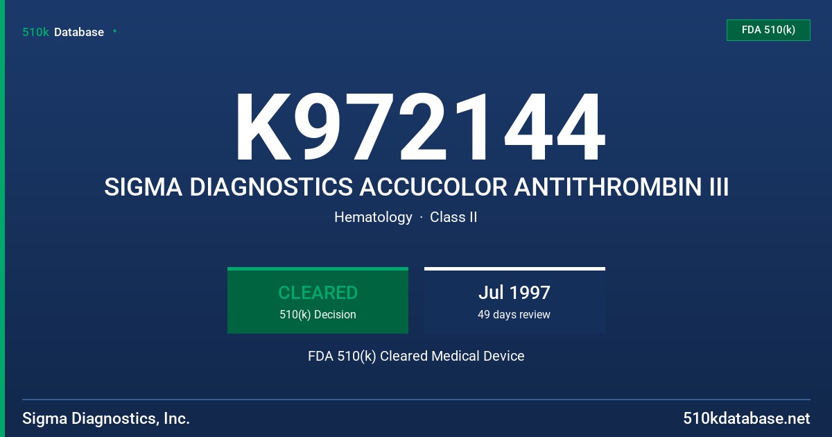 K972144 SIGMA DIAGNOSTICS ACCUCOLOR ANTITHROMBIN III FDA 510(k) Cleared Medical Device