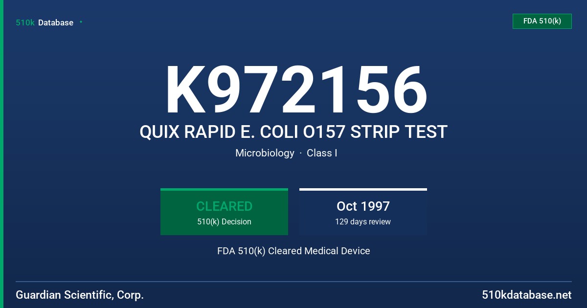K972156 QUIX RAPID E. COLI O157 STRIP TEST FDA 510(k) Cleared Medical Device