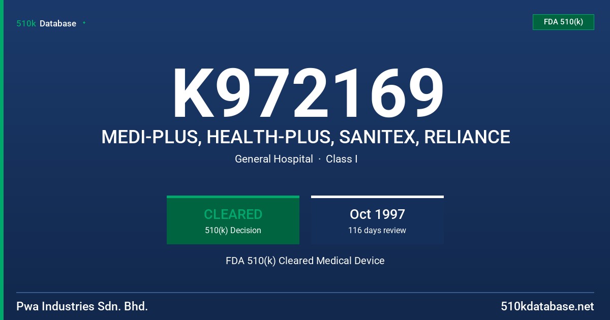 K972169 MEDI-PLUS, HEALTH-PLUS, SANITEX, RELIANCE FDA 510(k) Cleared Medical Device