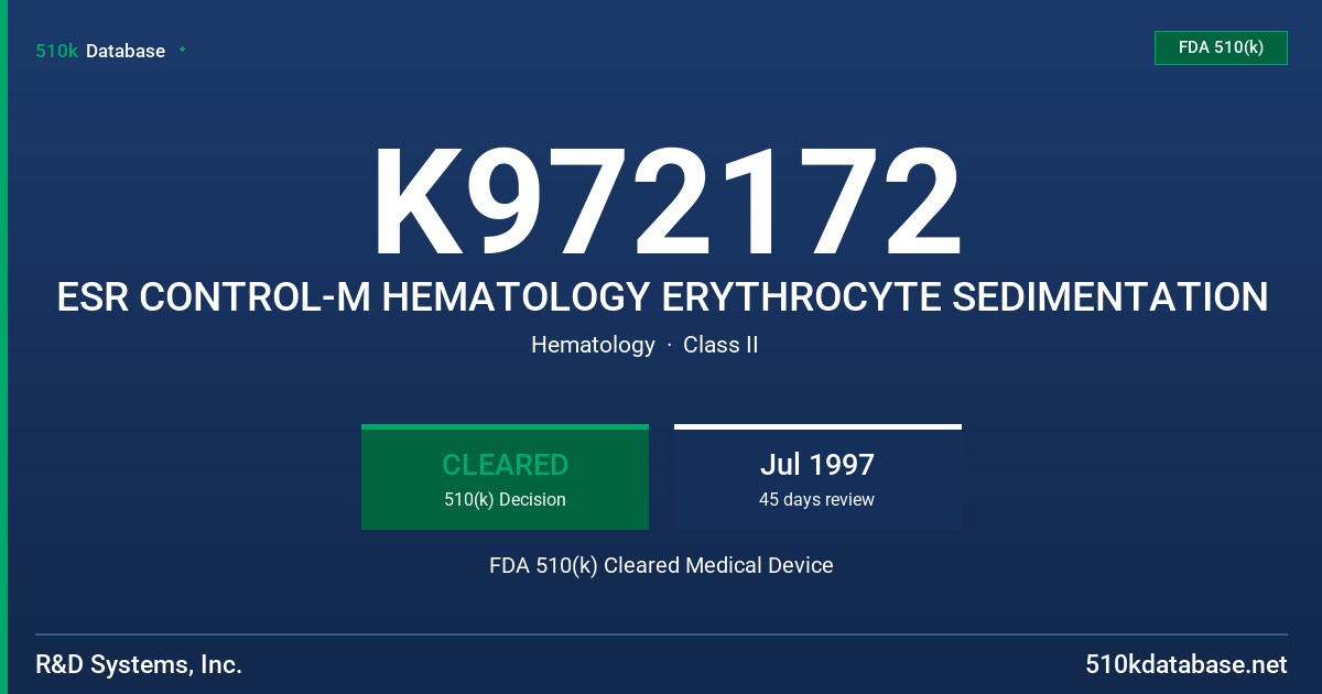 K972172 ESR CONTROL-M HEMATOLOGY ERYTHROCYTE SEDIMENTATION FDA 510(k) Cleared Medical Device