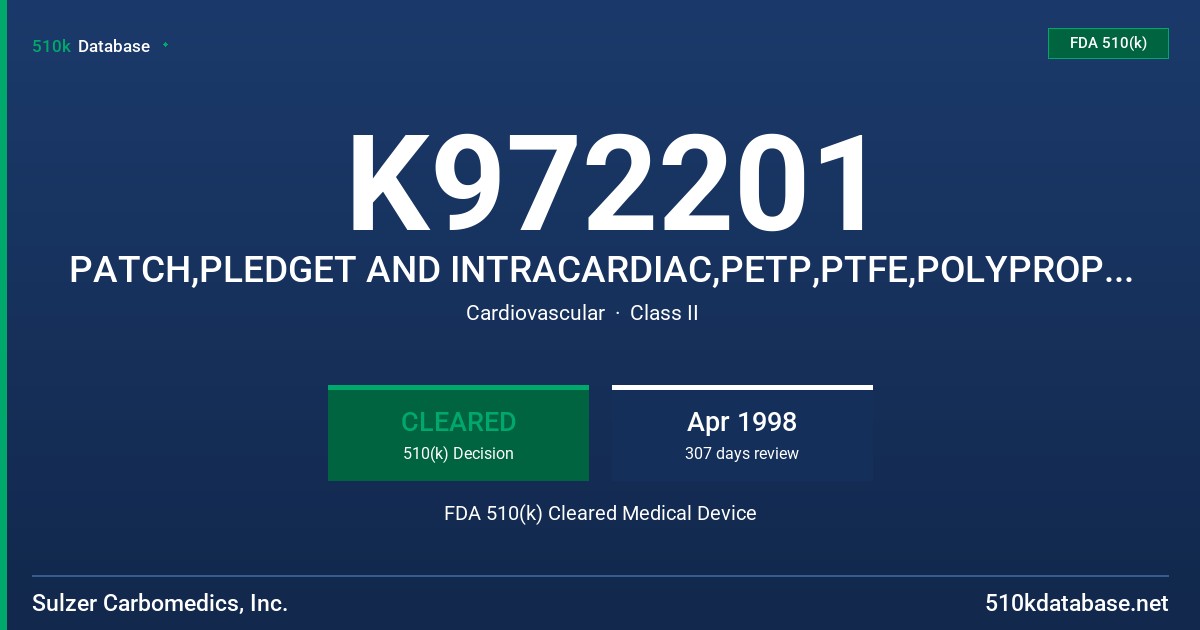 K972201 PATCH,PLEDGET AND INTRACARDIAC,PETP,PTFE,POLYPROPYLENE FDA 510(k) Cleared Medical Device