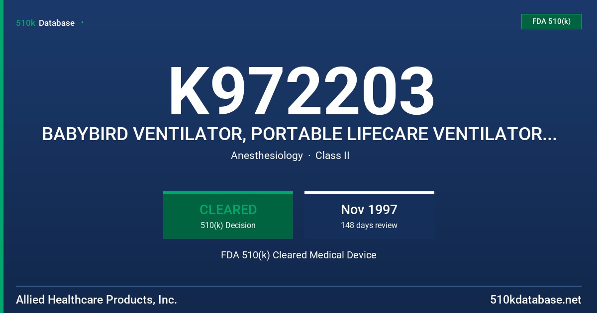 K972203 BABYBIRD VENTILATOR, PORTABLE LIFECARE VENTILATOR, EXTERNAL PRESSURE LIMITER, VOLUME VENTILATOR WITH PRESSURE LIMIT FDA 510(k) Cleared Medical Device