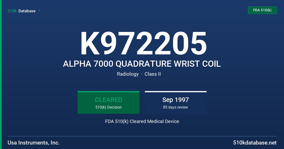 K972205 ALPHA 7000 QUADRATURE WRIST COIL FDA 510(k) Cleared Medical Device