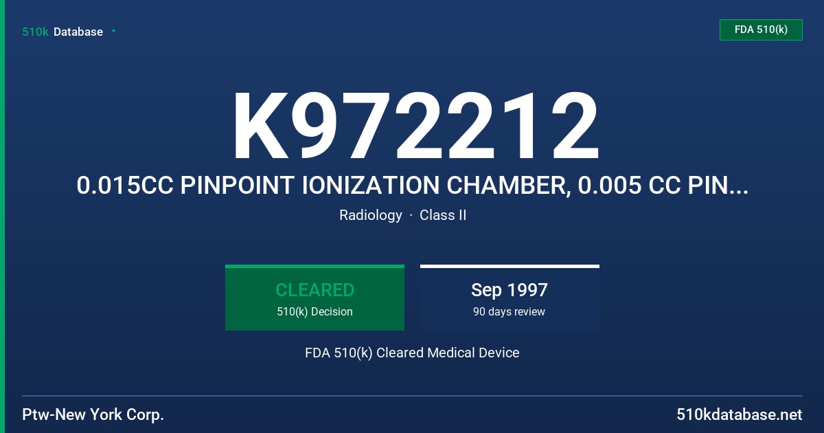 K972212 0.015CC PINPOINT IONIZATION CHAMBER, 0.005 CC PINPOINT IONIZATION CHAMBER FDA 510(k) Cleared Medical Device