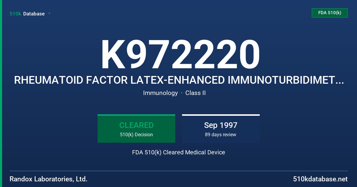 K972220 RHEUMATOID FACTOR LATEX-ENHANCED IMMUNOTURBIDIMETRIC TEST KIT FDA 510(k) Cleared Medical Device