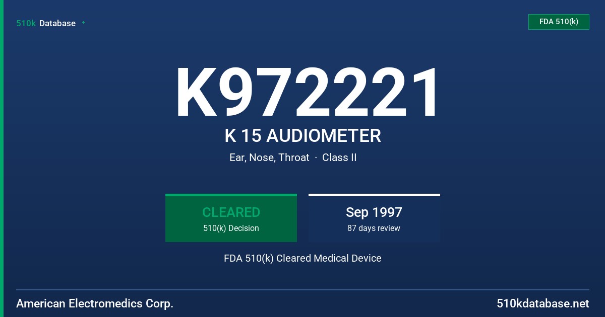 K972221 K 15 AUDIOMETER FDA 510(k) Cleared Medical Device