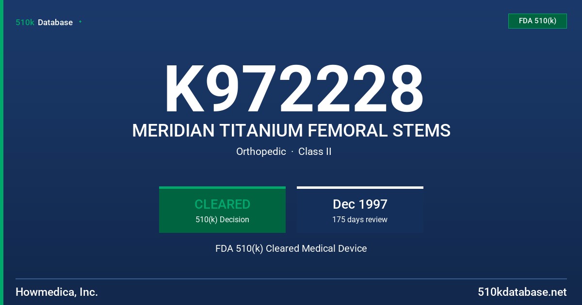 K972228 MERIDIAN TITANIUM FEMORAL STEMS FDA 510(k) Cleared Medical Device