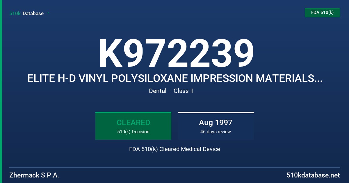 K972239 ELITE H-D VINYL POLYSILOXANE IMPRESSION MATERIALS .PUTTY SOFT/NORMAL SETTING /PUTTY SOFT/FAST SETTING FDA 510(k) Cleared Medical Device