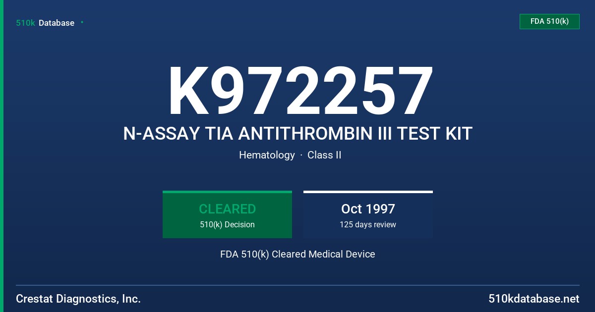 K972257 N-ASSAY TIA ANTITHROMBIN III TEST KIT FDA 510(k) Cleared Medical Device