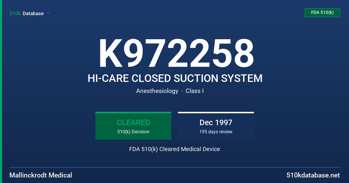 K972258 HI-CARE CLOSED SUCTION SYSTEM FDA 510(k) Cleared Medical Device