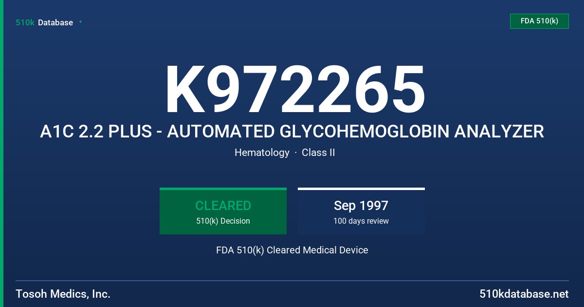 K972265 A1C 2.2 PLUS - AUTOMATED GLYCOHEMOGLOBIN ANALYZER FDA 510(k) Cleared Medical Device