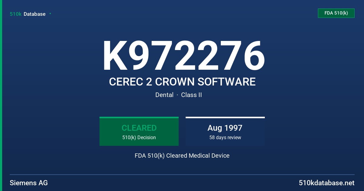 K972276 CEREC 2 CROWN SOFTWARE FDA 510(k) Cleared Medical Device