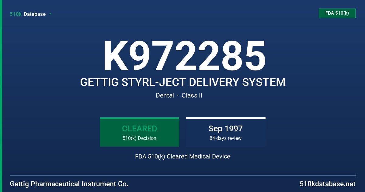 K972285 GETTIG STYRL-JECT DELIVERY SYSTEM FDA 510(k) Cleared Medical Device