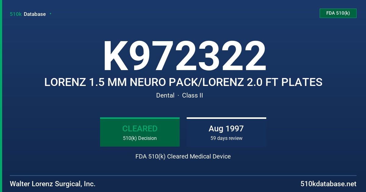 K972322 LORENZ 1.5 MM NEURO PACK/LORENZ 2.0 FT PLATES FDA 510(k) Cleared Medical Device
