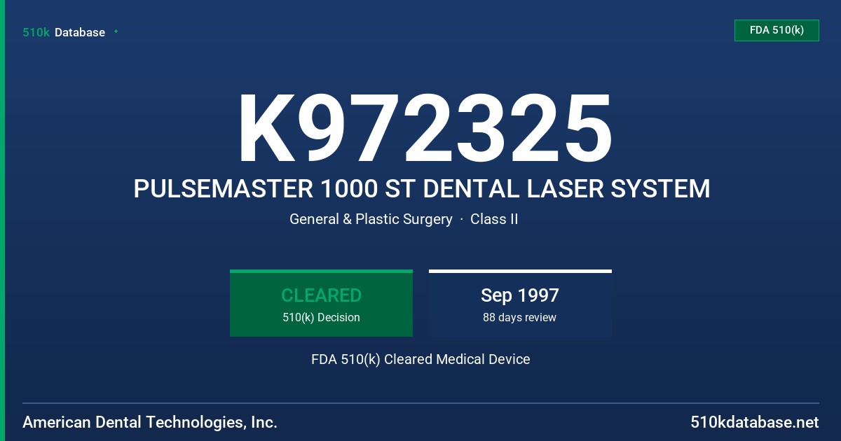 K972325 PULSEMASTER 1000 ST DENTAL LASER SYSTEM FDA 510(k) Cleared Medical Device