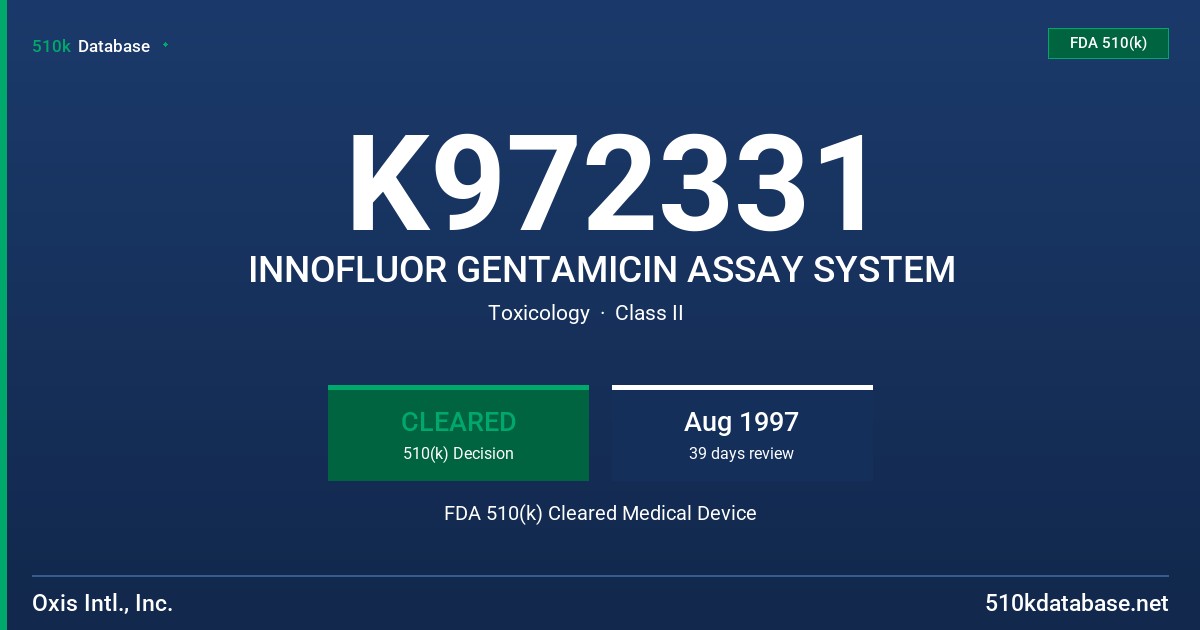 K972331 INNOFLUOR GENTAMICIN ASSAY SYSTEM FDA 510(k) Cleared Medical Device
