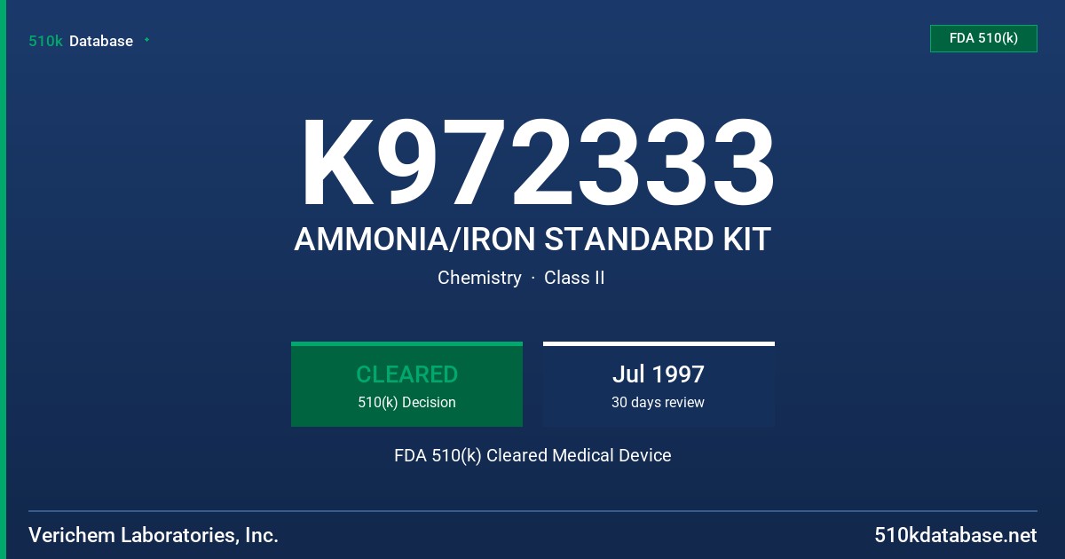 K972333 AMMONIA/IRON STANDARD KIT FDA 510(k) Cleared Medical Device
