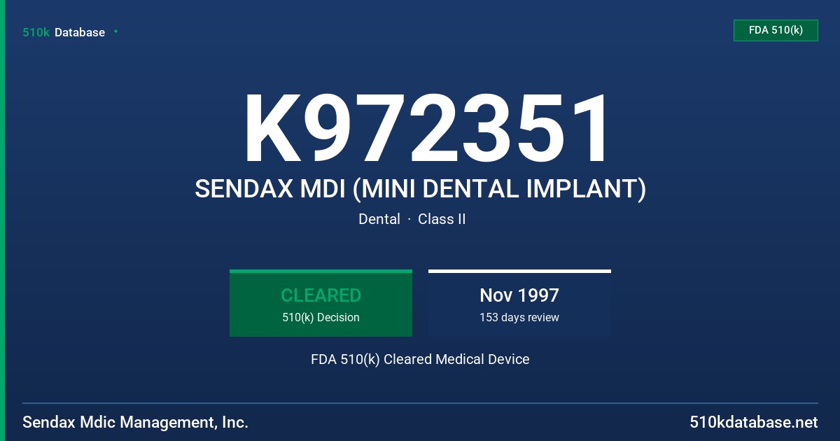 K972351 SENDAX MDI (MINI DENTAL IMPLANT) FDA 510(k) Cleared Medical Device