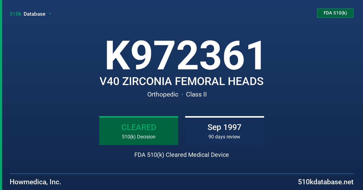 K972361 V40 ZIRCONIA FEMORAL HEADS FDA 510(k) Cleared Medical Device