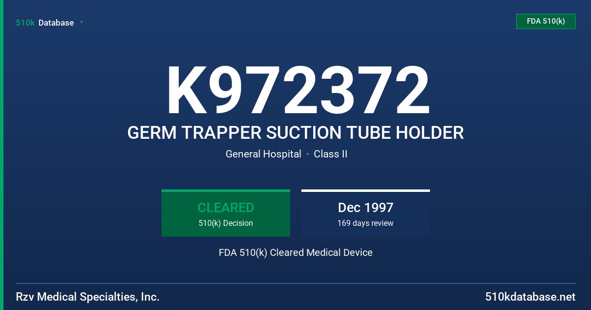 K972372 GERM TRAPPER SUCTION TUBE HOLDER FDA 510(k) Cleared Medical Device