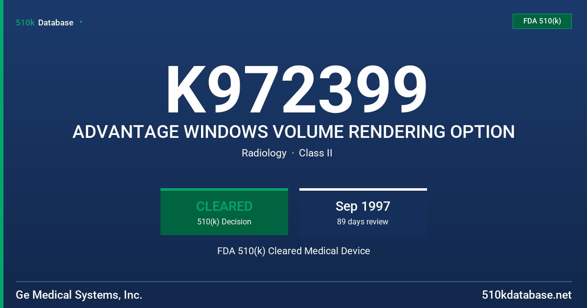 K972399 ADVANTAGE WINDOWS VOLUME RENDERING OPTION FDA 510(k) Cleared Medical Device