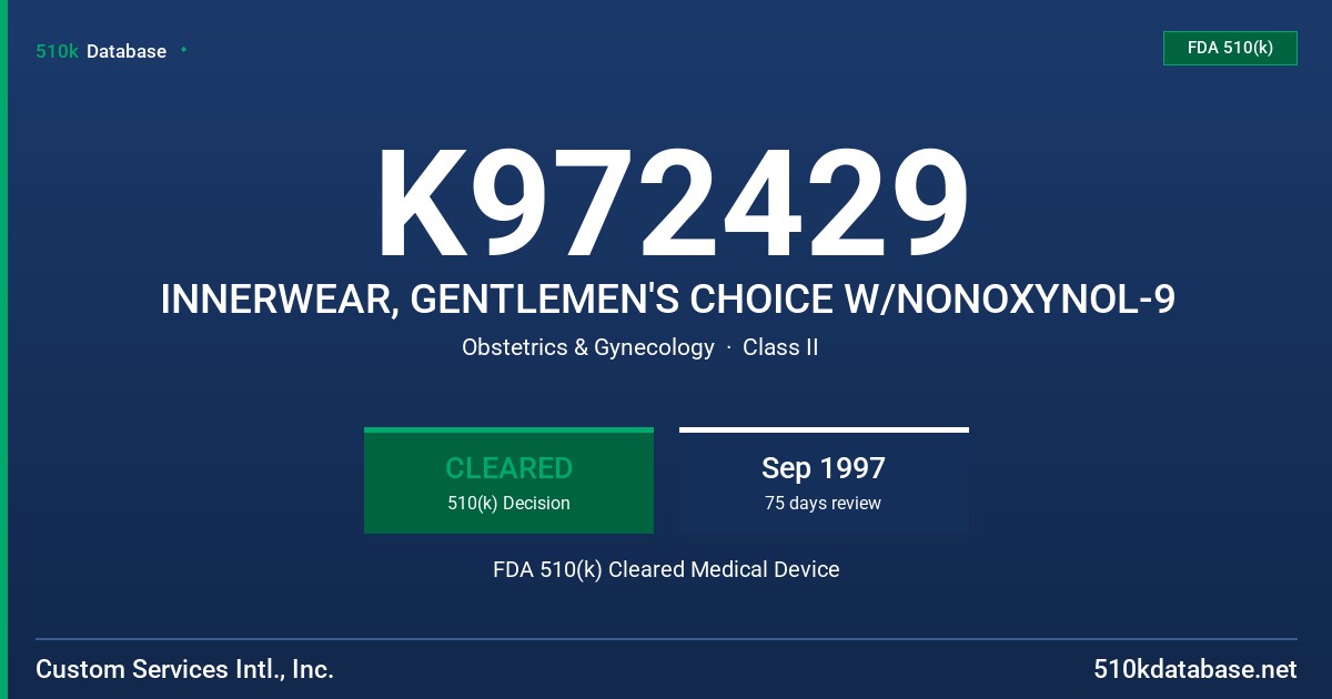 K972429 INNERWEAR, GENTLEMEN'S CHOICE W/NONOXYNOL-9 FDA 510(k) Cleared Medical Device