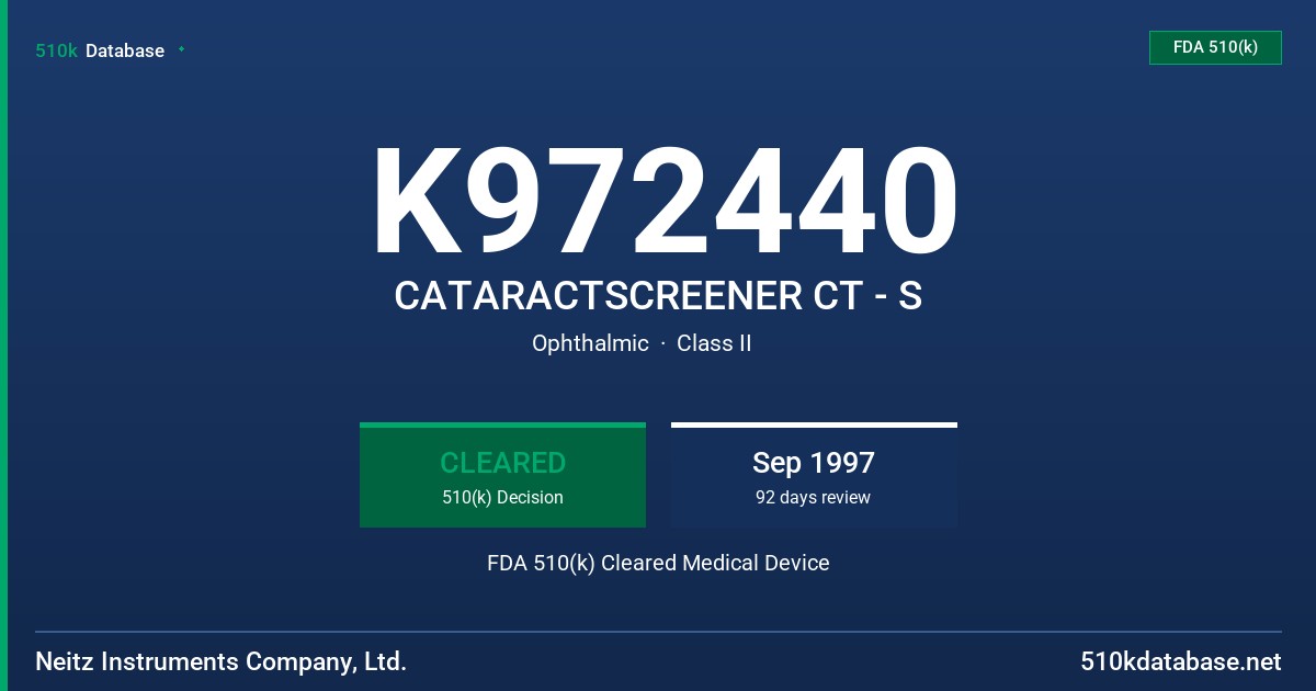 K972440 CATARACTSCREENER CT - S FDA 510(k) Cleared Medical Device