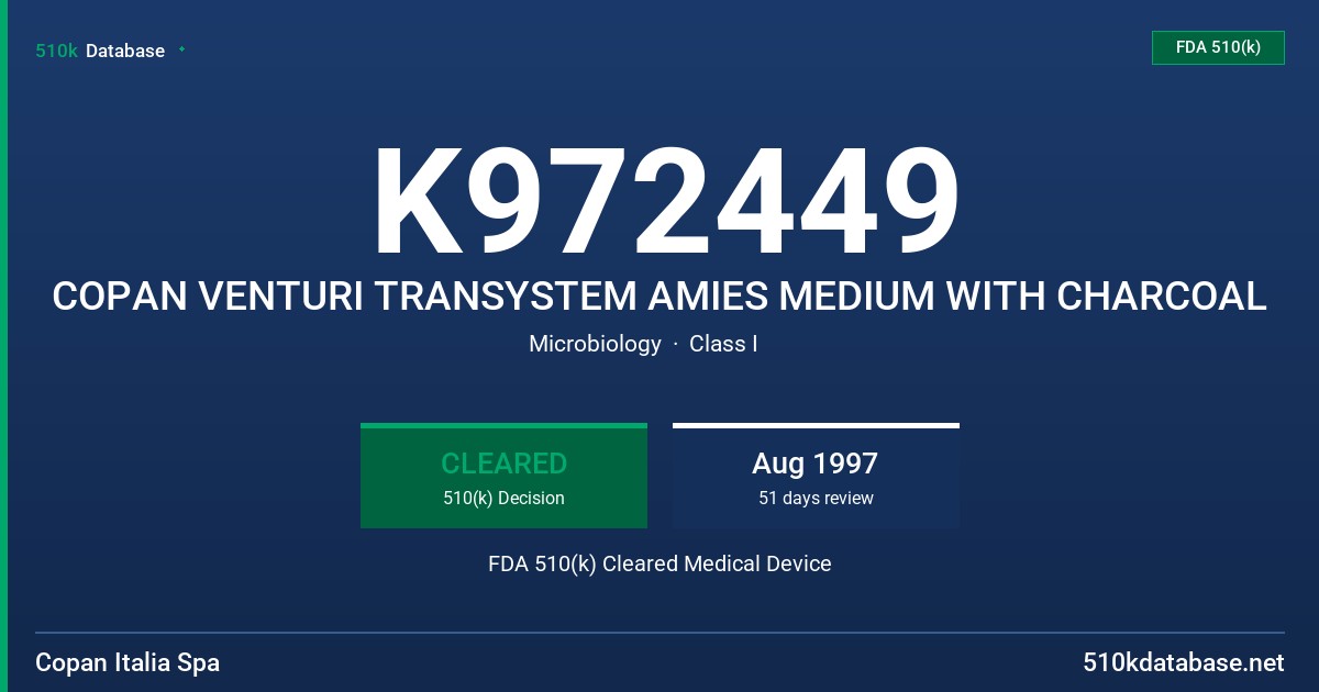 K972449 COPAN VENTURI TRANSYSTEM AMIES MEDIUM WITH CHARCOAL FDA 510(k) Cleared Medical Device