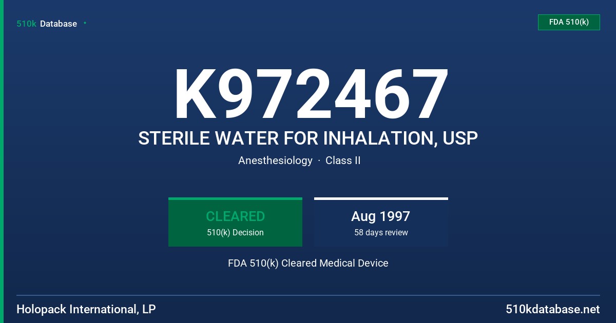 K972467 STERILE WATER FOR INHALATION, USP FDA 510(k) Cleared Medical Device