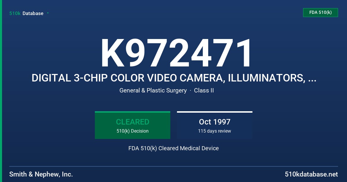 K972471 DIGITAL 3-CHIP COLOR VIDEO CAMERA, ILLUMINATORS, VIDEO COMPONENTS AND ACCESSORIES FDA 510(k) Cleared Medical Device