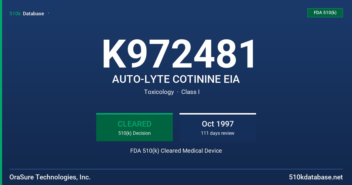 K972481 AUTO-LYTE COTININE EIA FDA 510(k) Cleared Medical Device