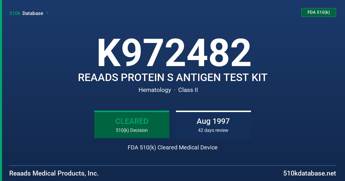 K972482 REAADS PROTEIN S ANTIGEN TEST KIT FDA 510(k) Cleared Medical Device