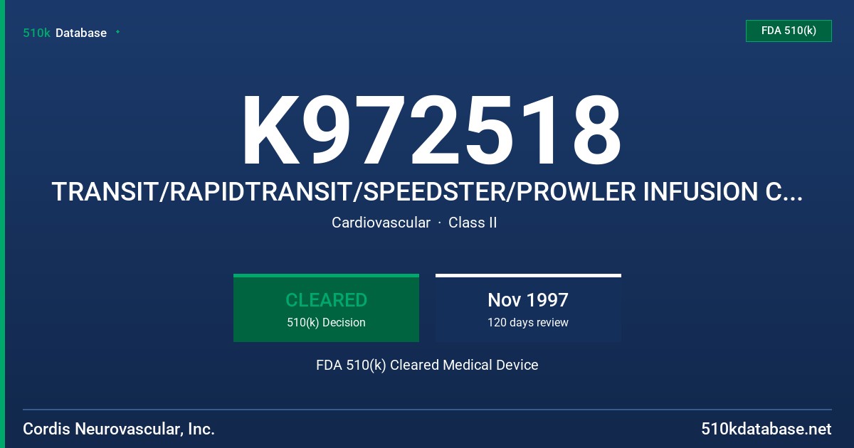 K972518 TRANSIT/RAPIDTRANSIT/SPEEDSTER/PROWLER INFUSION CATHETER FDA 510(k) Cleared Medical Device