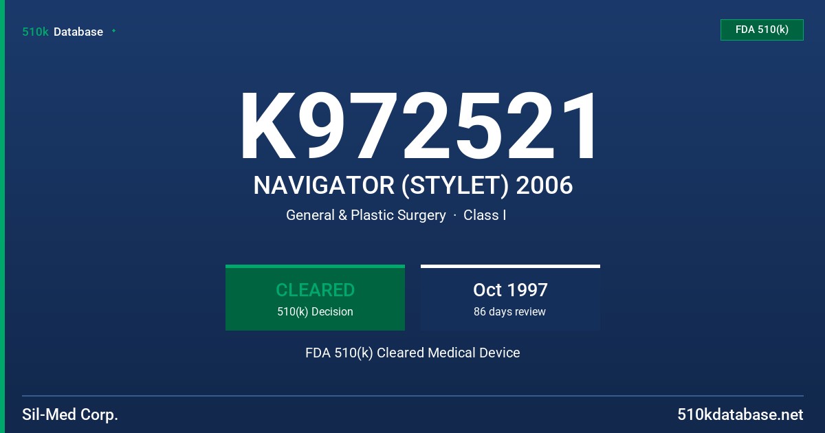 K972521 NAVIGATOR (STYLET) 2006 FDA 510(k) Cleared Medical Device