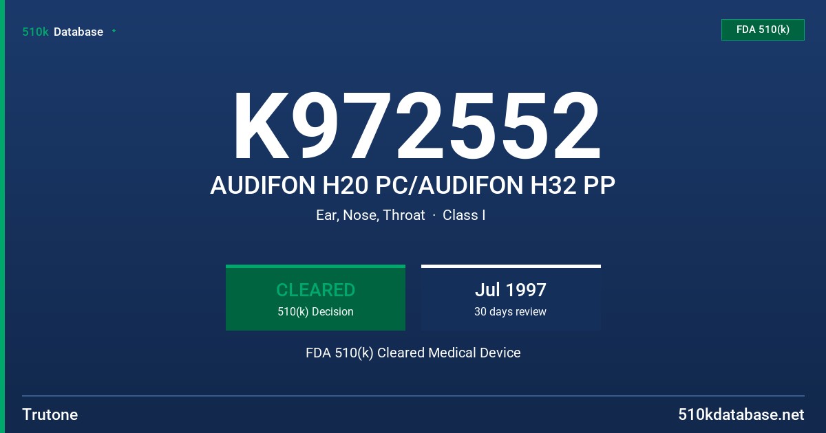 K972552 AUDIFON H20 PC/AUDIFON H32 PP FDA 510(k) Cleared Medical Device