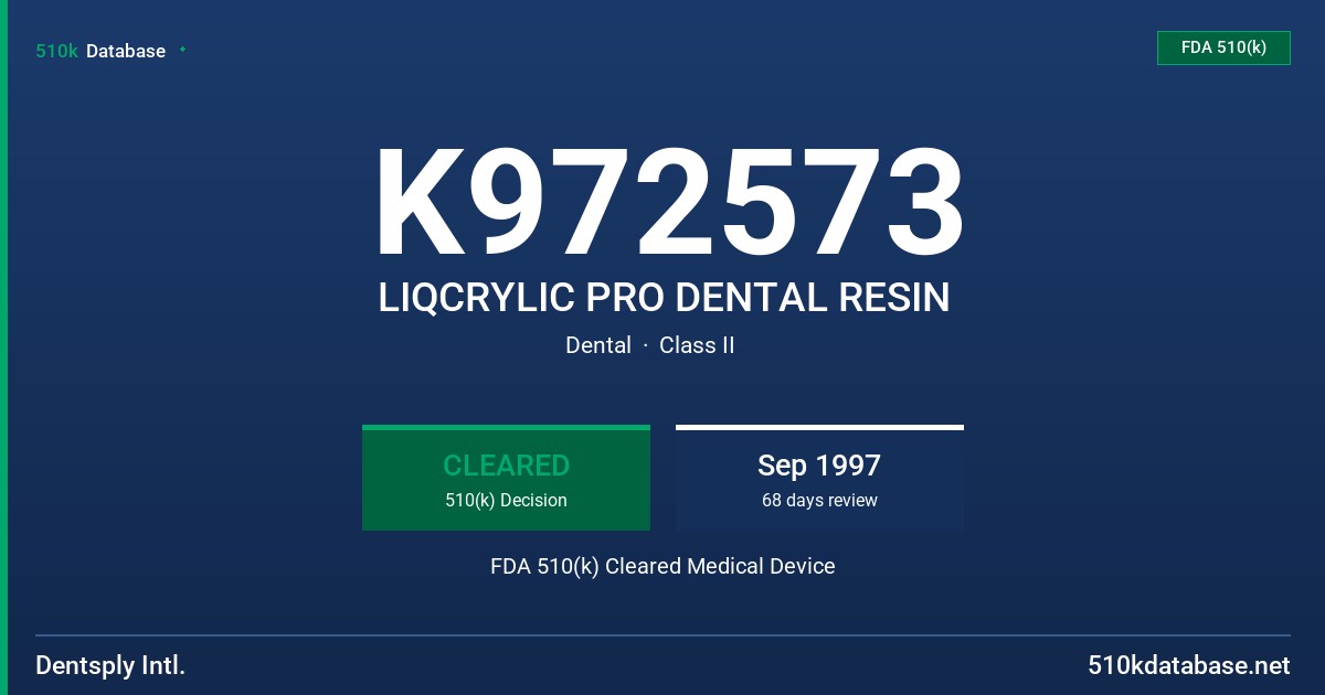 K972573 LIQCRYLIC PRO DENTAL RESIN FDA 510(k) Cleared Medical Device