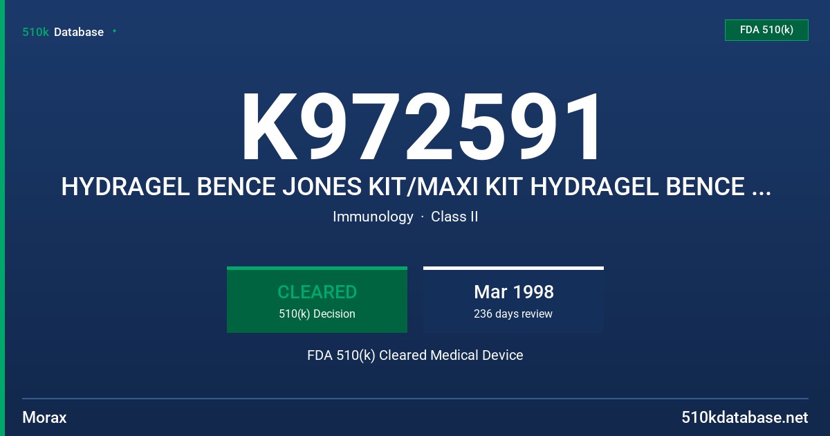 K972591 HYDRAGEL BENCE JONES KIT/MAXI KIT HYDRAGEL BENCE JONES/HYDRAGEL 2/4 BENCE JONES KIT FDA 510(k) Cleared Medical Device