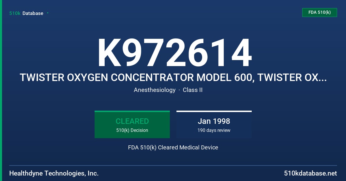 K972614 TWISTER OXYGEN CONCENTRATOR MODEL 600, TWISTER OXYGEN CONCENTRATOR W/OPI MODEL 605 FDA 510(k) Cleared Medical Device