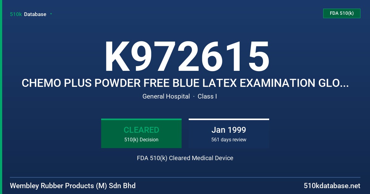K972615 CHEMO PLUS POWDER FREE BLUE LATEX EXAMINATION GLOVES (PROTEIN CONTENT LABELING) FDA 510(k) Cleared Medical Device