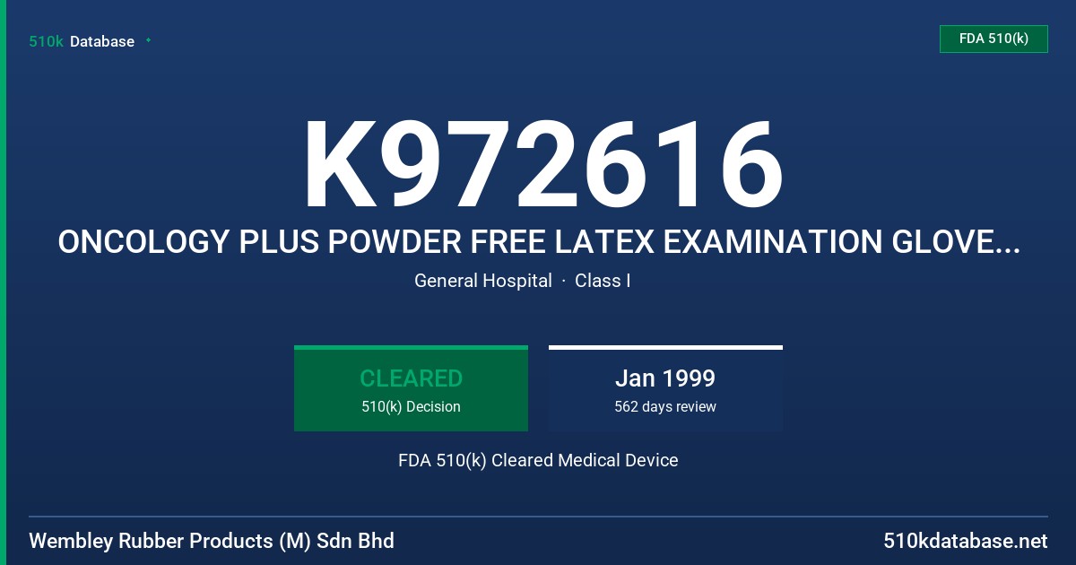 K972616 ONCOLOGY PLUS POWDER FREE LATEX EXAMINATION GLOVES (PROTEIN CONTENT LABELING) FDA 510(k) Cleared Medical Device