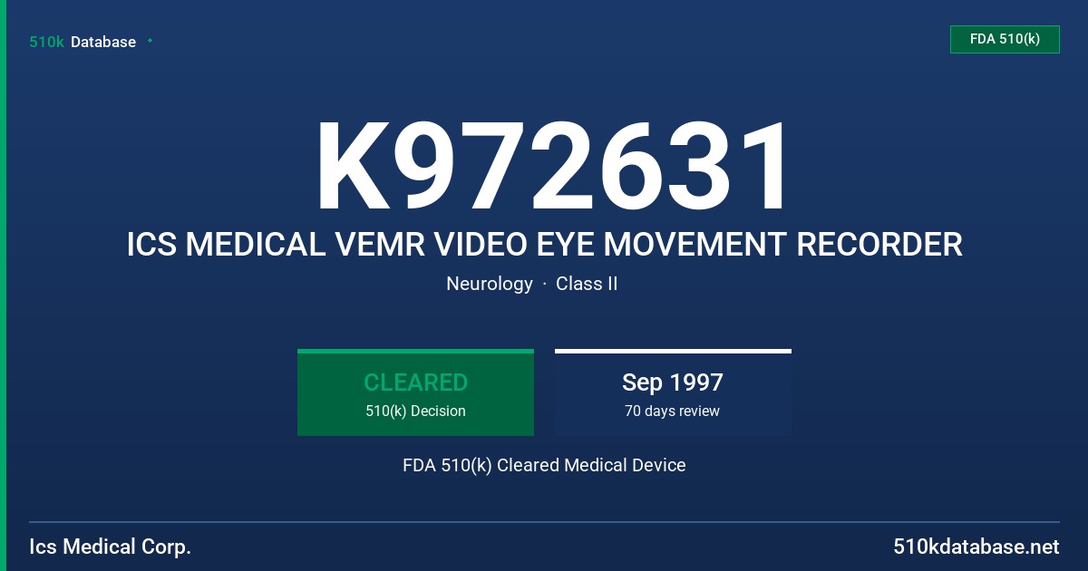 K972631 ICS MEDICAL VEMR VIDEO EYE MOVEMENT RECORDER FDA 510(k) Cleared Medical Device