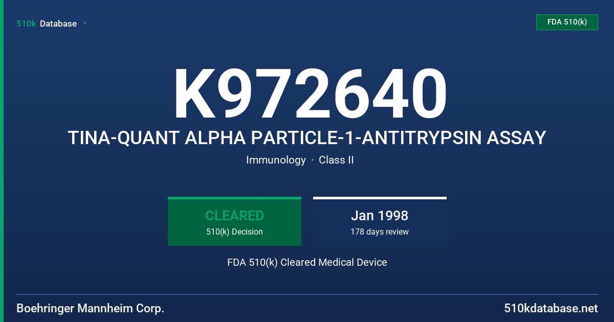 K972640 TINA-QUANT ALPHA PARTICLE-1-ANTITRYPSIN ASSAY FDA 510(k) Cleared Medical Device