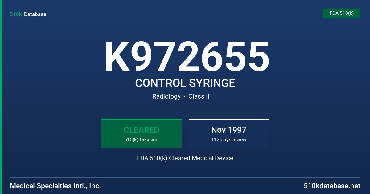 K972655 CONTROL SYRINGE FDA 510(k) Cleared Medical Device