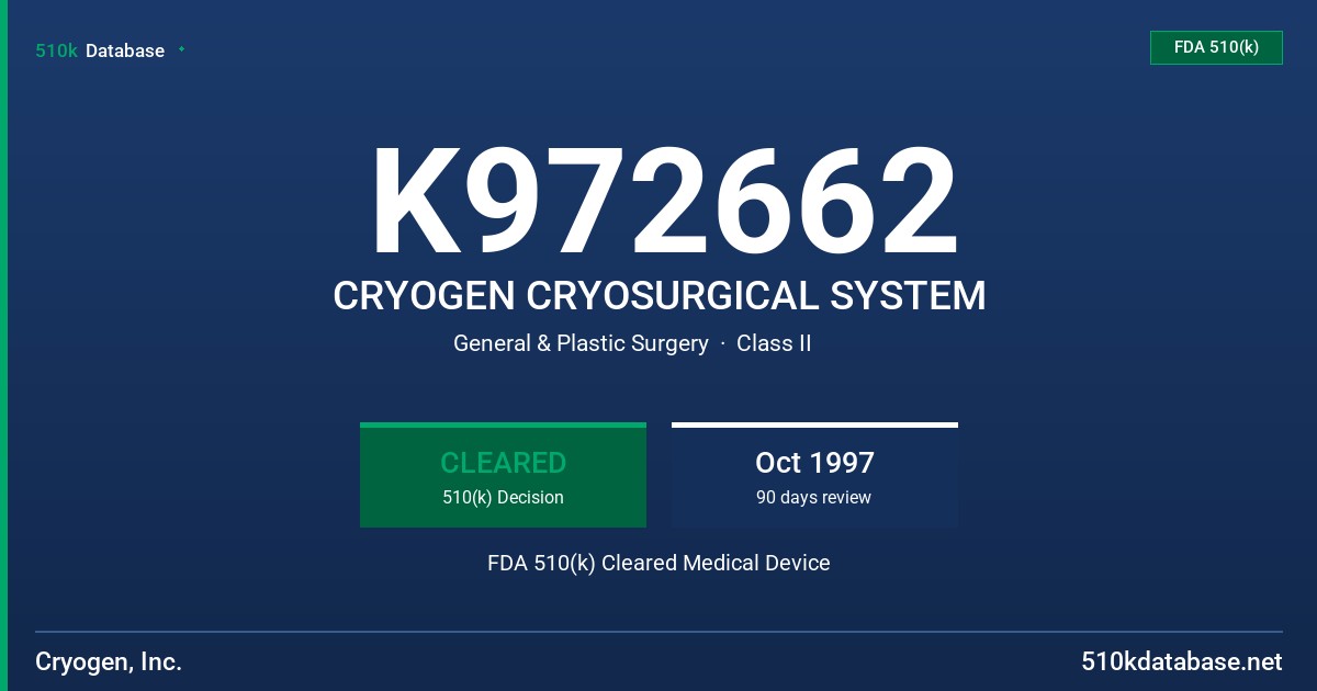 K972662 CRYOGEN CRYOSURGICAL SYSTEM FDA 510(k) Cleared Medical Device