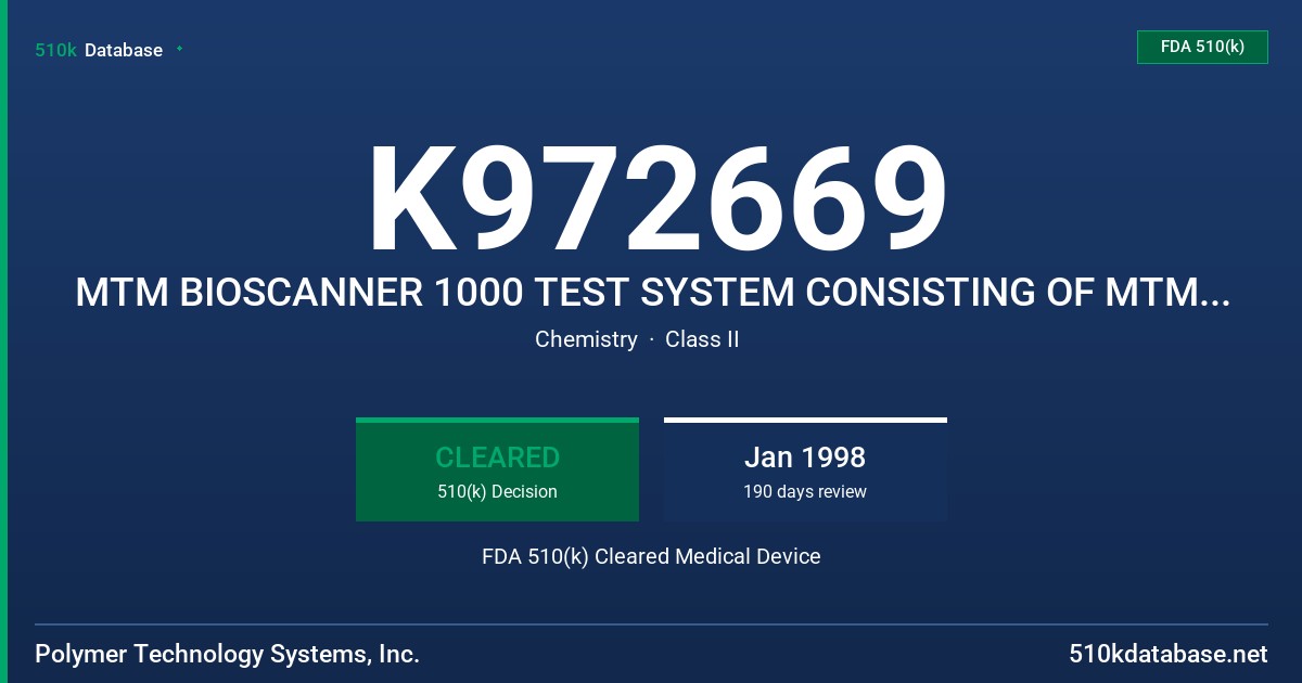 K972669 MTM BIOSCANNER 1000 TEST SYSTEM CONSISTING OF MTM BIOSCANNER 1000 METER, MTM BIOSCANNER G TEST STRIP, NORMAN GLUCOSE CON FDA 510(k) Cleared Medical Device