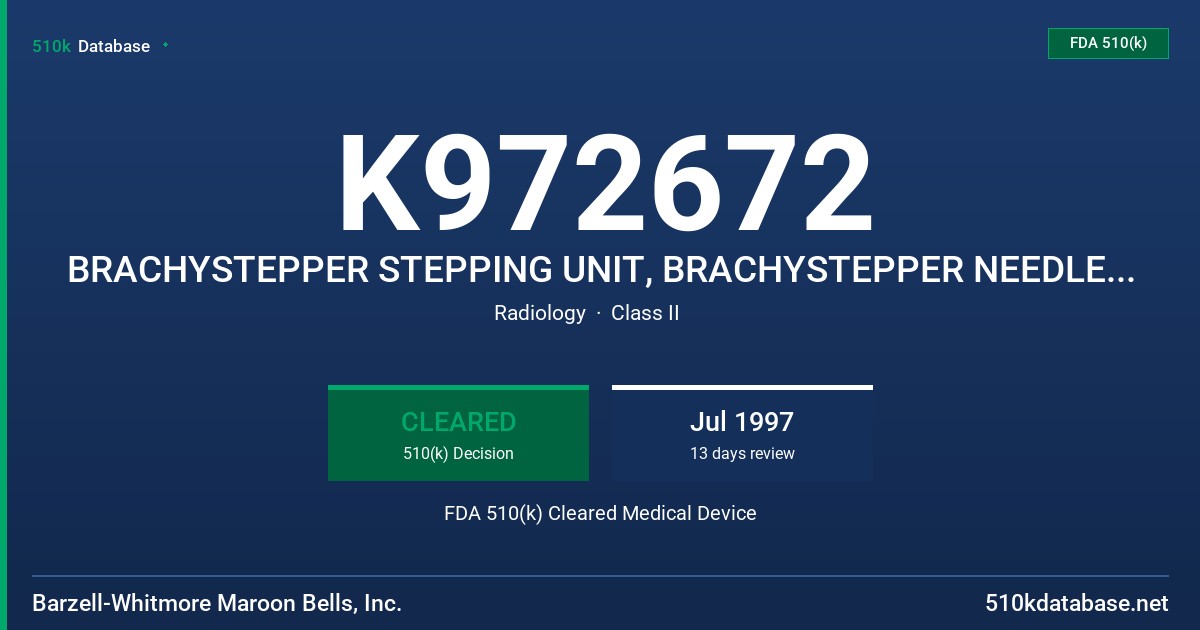 K972672 BRACHYSTEPPER STEPPING UNIT, BRACHYSTEPPER NEEDLE GUIDE TEMPLATE, BRACHYSTAND SUPPORT AND MANUAL ADJUSTMENT ACCESSORY FDA 510(k) Cleared Medical Device