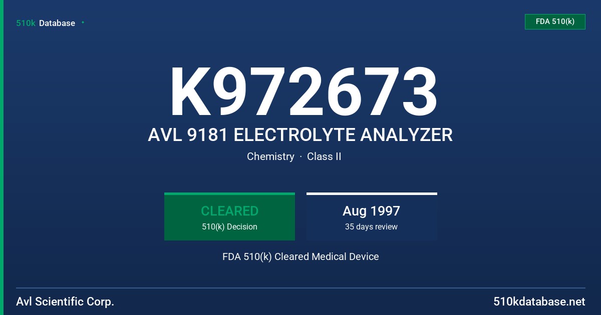 K972673 AVL 9181 ELECTROLYTE ANALYZER FDA 510(k) Cleared Medical Device
