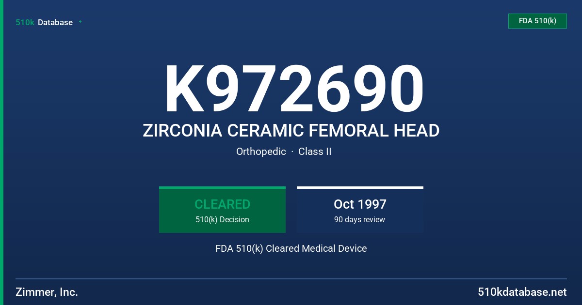 K972690 ZIRCONIA CERAMIC FEMORAL HEAD FDA 510(k) Cleared Medical Device